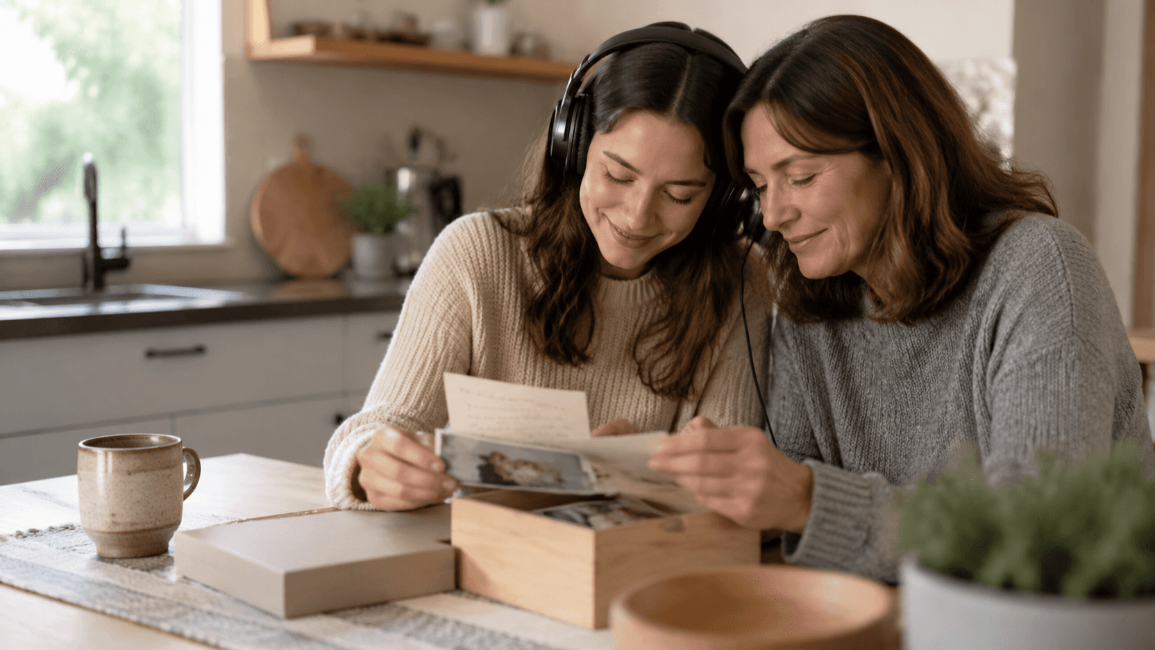 Mother and adult daughter sharing headphones while looking through family photographs
