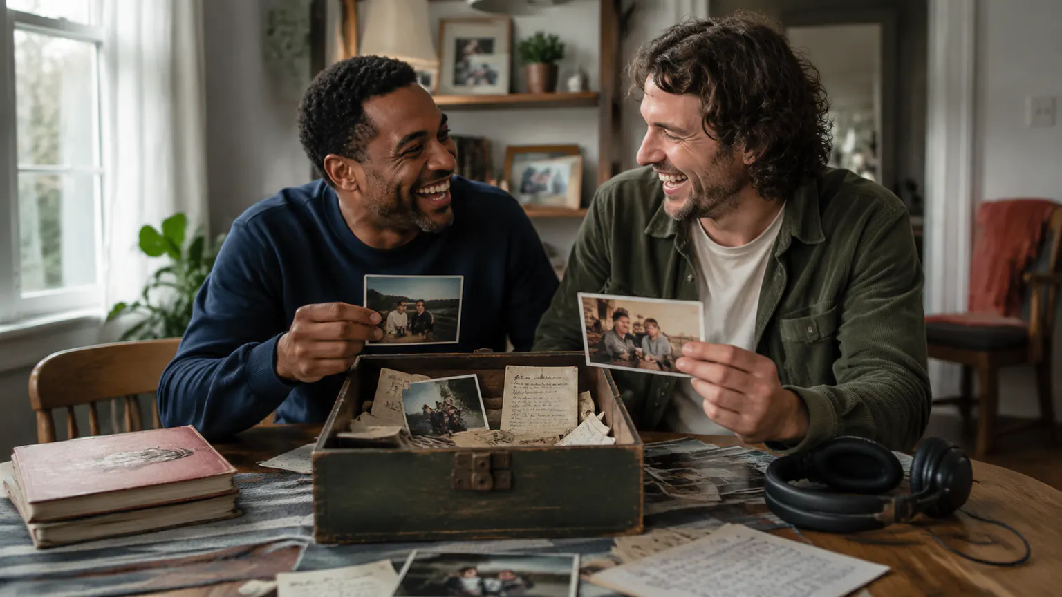 Two longtime friends laughing over a box of photographs and handwritten notes