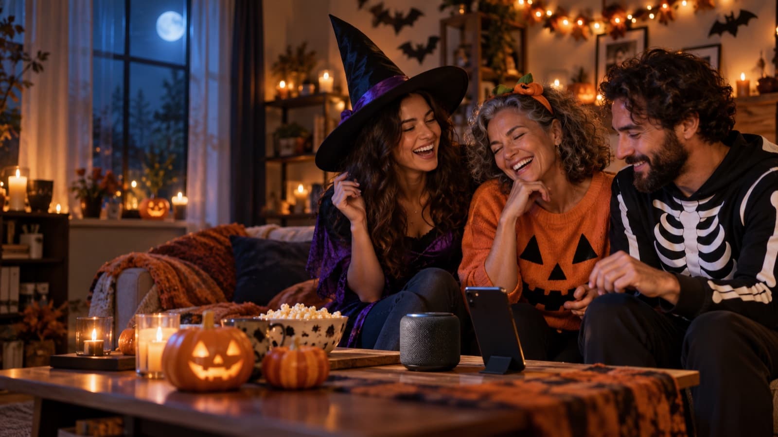 Friends in homemade costumes listening to a personalized Halloween song in a decorated living room