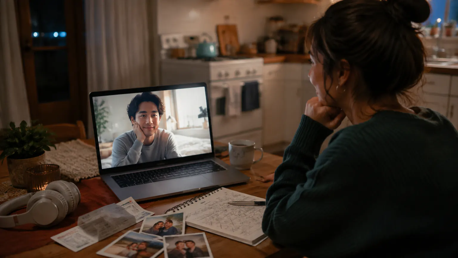 Paar bei einem späten Videoanruf mit Reisefotos und handgeschriebenen Notizen