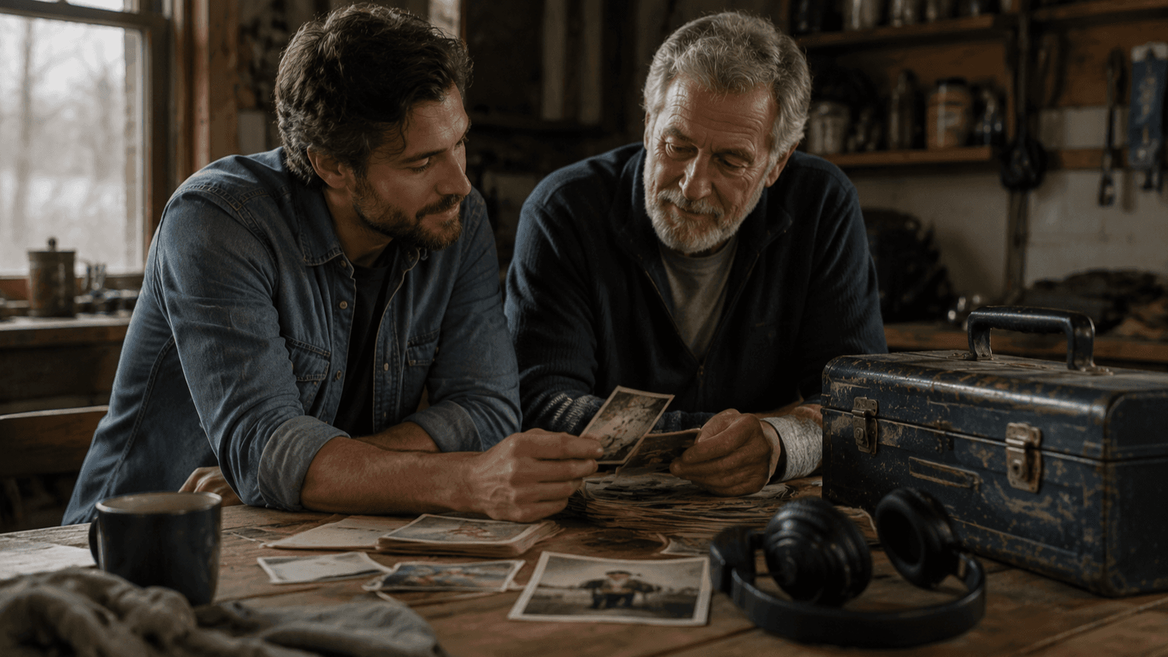 Padre e hijo adulto mirando fotografías antiguas junto a un banco de trabajo doméstico