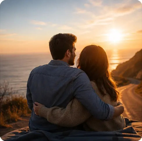 A couple sharing a road-trip memory